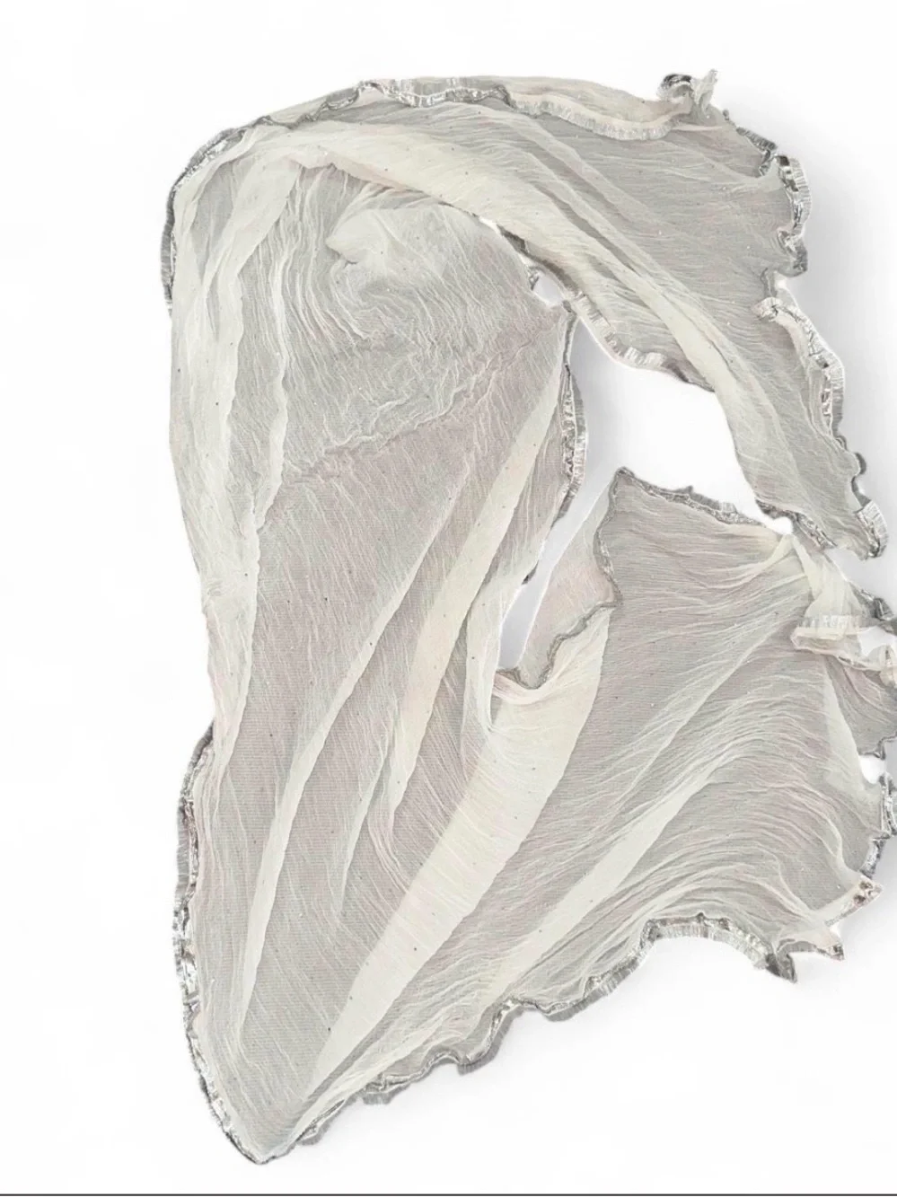 Elegant White Crinkle Scarf with Silver Trim